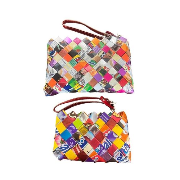 2 Nahui Ollin Clutch Wristlet w/ Strap Recycled Candy Wrappers wearable art - Picture 1 of 9